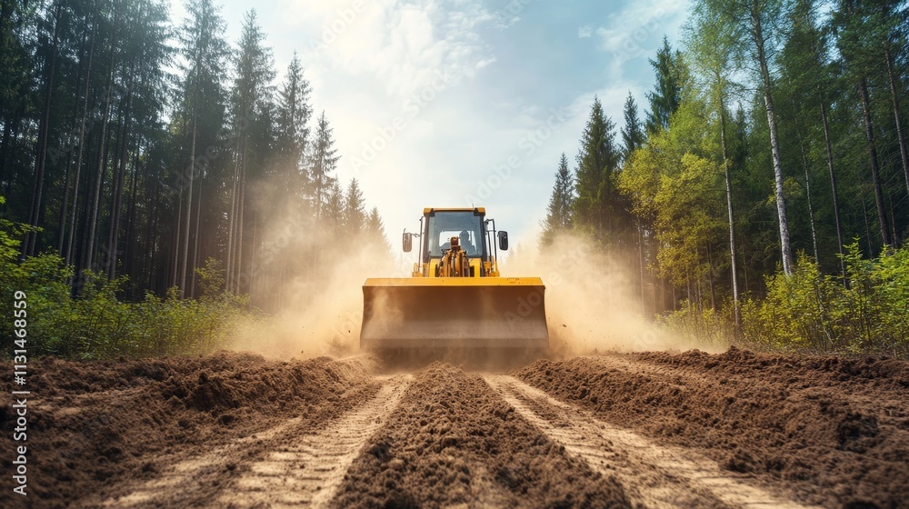 Fototapeta premium Heavy machinery working on a construction site in a forest clearing, creating dust and transforming the landscape under a blue sky with sunlight and trees