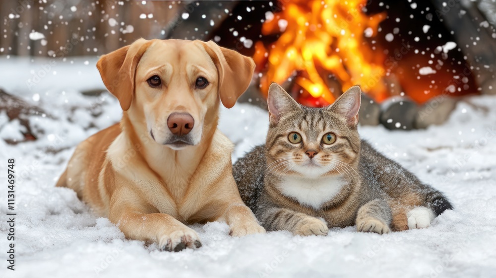 A dog and a cat sit close to a warm campfire on a snowy street, gazing curiously at the camera as winter evening falls
