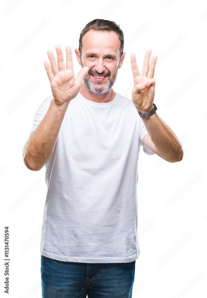 Naklejka premium Middle age hoary senior man wearing white t-shirt over isolated background showing and pointing up with fingers number eight while smiling confident and happy.
