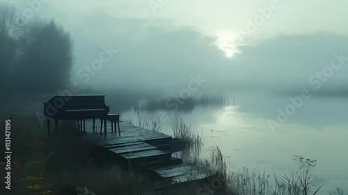 Misty morning with a vintage piano by a tranquil lake at sunrise.