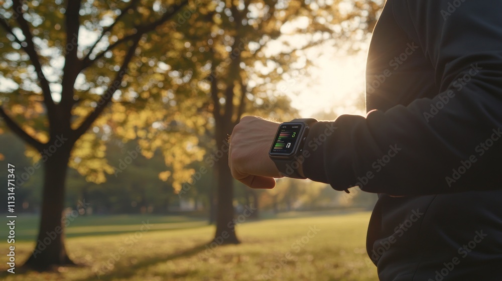 Fototapeta premium Man wearing fitness tracker watches outdoors during a morning run. Sunlight shines through trees.