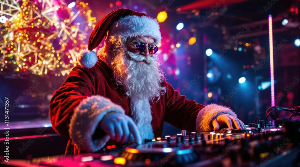 Fototapeta premium Santa Claus spreading holiday cheer with a joyful smile under sparkling festive lights, embodying the magic and spirit of Christmas celebrations.