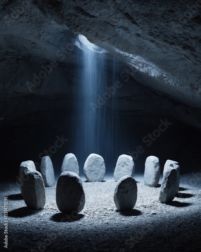 Mysterious stone circle illuminated by blue light in a secluded cave photo