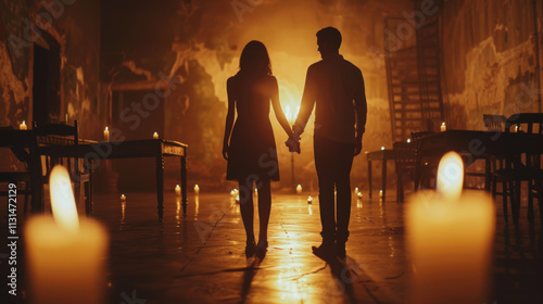 A couple is walking through a dimly lit room with candles lit around them photo