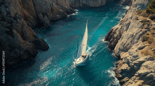 yacht passing through narrow sea cliffs, with turquoise water photo