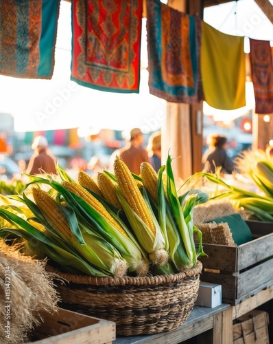 Fresh Corn on the Cob in Colorful Outdoor Market Stall with Baskets and Fabric Banners