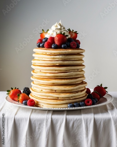 Tower of Pancakes Topped with Fresh Berries and Cream on Buffet Table