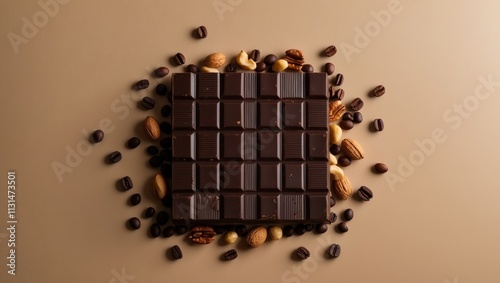 Chocolate and nuts border with coffee beans on beige background