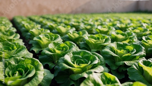 Lush Green Lettuce Leaves in Neat Rows Capturing the Vibrant Texture and Freshness of a Healthy Vegetable Crop Ready for Harvest photo