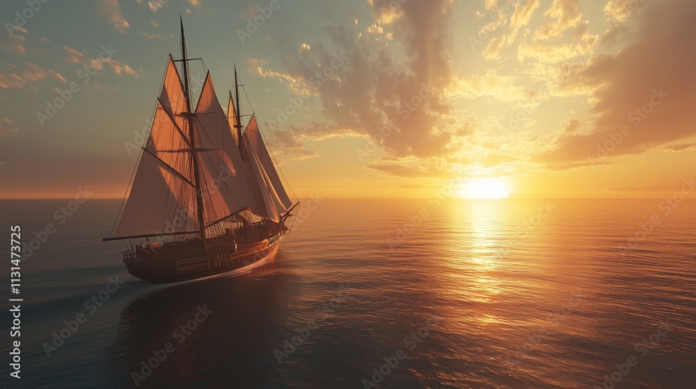Fototapeta premium yacht sailing into the horizon with the setting sun, golden light