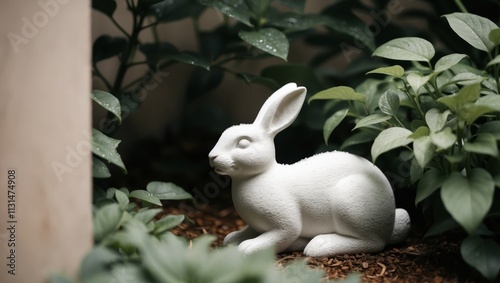 A cute white stone rabbit statue in the garden photo