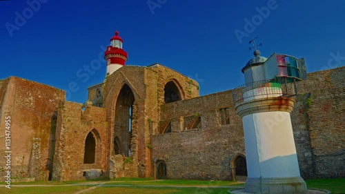 Pointe Saint Mathieu lighthouse and abbey ruins, Finistere, Brittany, France photo