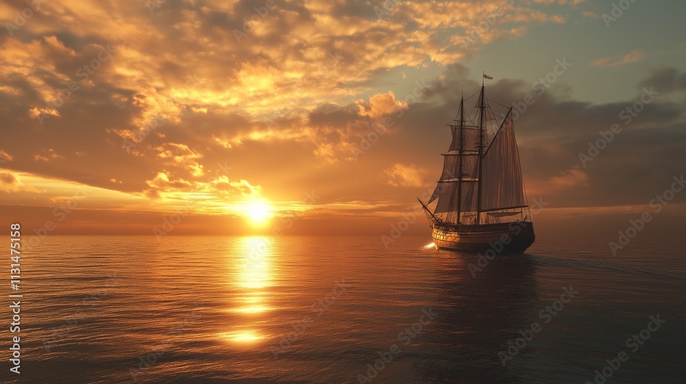 Fototapeta premium yacht sailing into the horizon with the setting sun, golden light