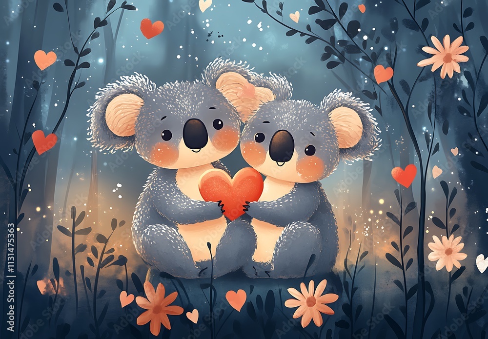 Naklejka premium A couple koala pair sitting in a eucalyptus tree, sharing heart-shaped cookies generative AI