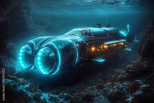 A sleek and modern bathyscaphe or submarine illuminated by glowing blue lights, deep underwater in the serene darkness of the ocean, symbolizing exploration and technology.

 photo