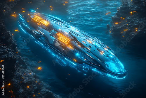 A sleek and modern bathyscaphe or submarine illuminated by glowing blue lights, deep underwater in the serene darkness of the ocean, symbolizing exploration and technology.

 photo