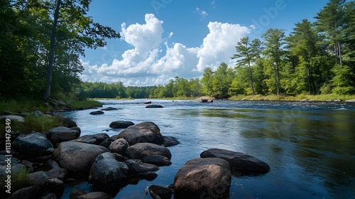 Tranquil river flows through lush forested valley at dawn under soft mist