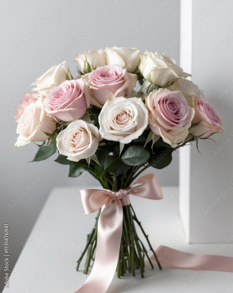 Obraz premium A bouquet of pink and white roses is tied with a pink ribbon