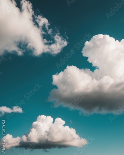 Fluffy white clouds over rich blue sky create soft and serene atmosphere photo