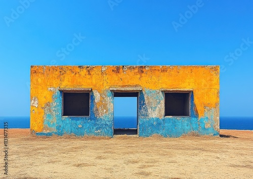 Brightly colored structure stands alone on a dry landscape with ocean view, showcasing weathered paint and clear skies photo