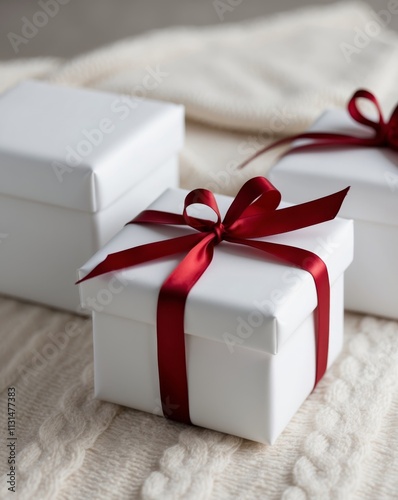 Three White Gifts Wrapped With Red Ribbons Rest On Knitted Fabric photo