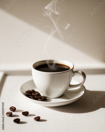 White cup of coffee with coffee beans nearby photo