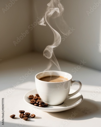 White cup of coffee with coffee beans nearby photo