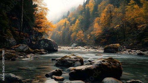 Tranquil river flows through lush forested valley at dawn under soft mist