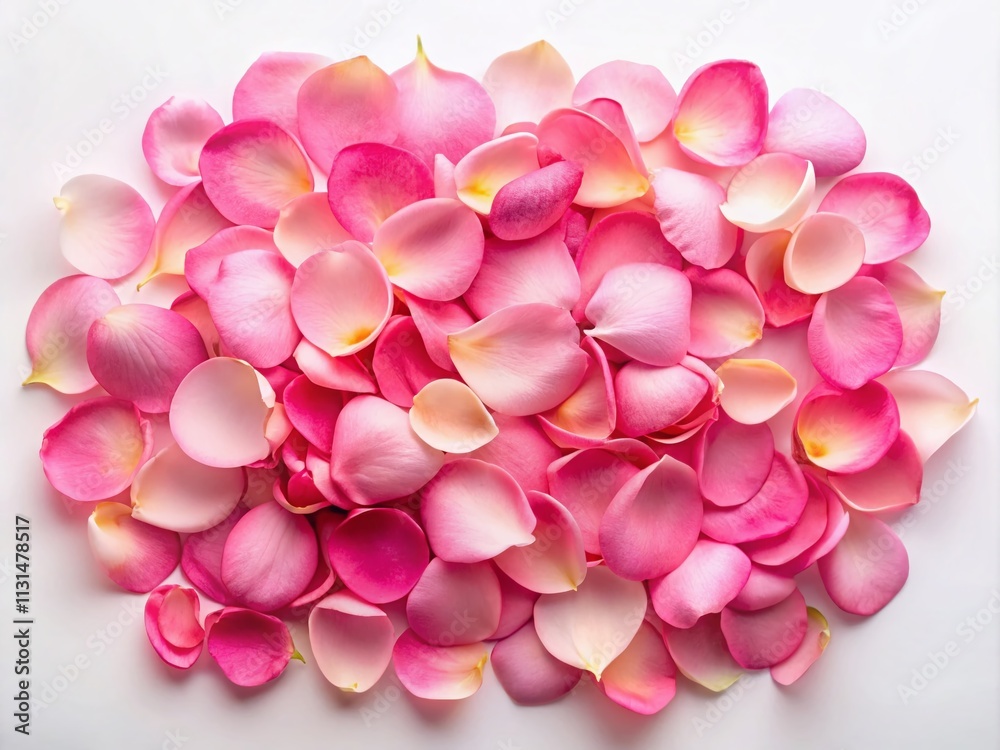 Obraz premium Elegant arrangement of realistic pink rose petals on a white background, perfect for enhancing architectural photography and design projects with a touch of sophistication.