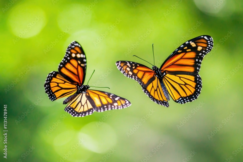 Fototapeta premium Two monarch butterflies in flight, natural beauty