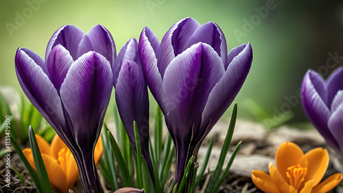 Vivid purple and orange crocus flowers blooming in a garden, showcasing vibrant colors and signaling the start of spring.
 photo