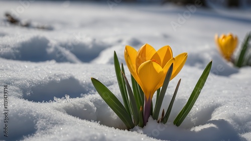 A single yellow crocus flower breaking through the snow, symbolizing resilience and the first signs of spring's arrival.  
 photo