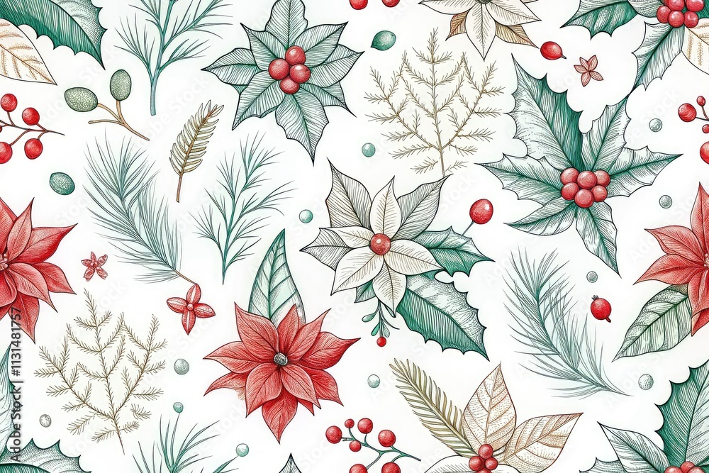 Fototapeta premium Elegant Christmas pattern featuring holly and poinsettia in contour line art style, perfect for holiday wallpaper and unique wrapping paper designs to celebrate the season's spirit.