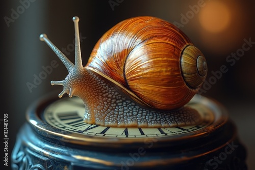 A slow-moving snail sits on the face of an old-fashioned clock, highlighting the contrast between speed and slowness photo