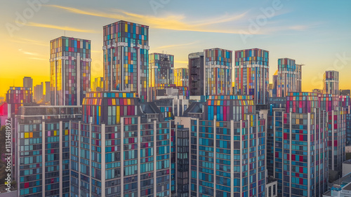 Vibrant Modern Skyline of New York City: Colorful Glass Buildings Reflecting Sunset Light, Perfect for Urban and Architectural Design Concepts