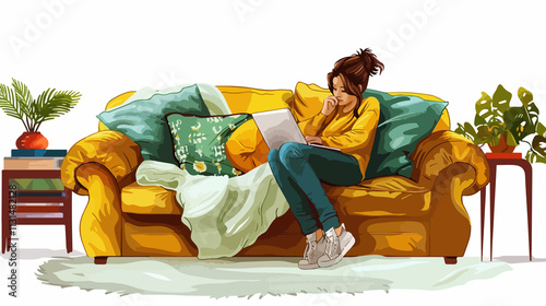 Woman Working from Home with Laptop Vector Illustration photo