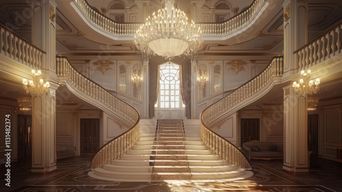 Illuminated Grandeur. Elegant interior design showcasing symmetrical architecture and elaborate decoration.