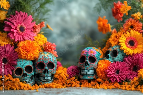 Group of decorative skulls arranged together on a flat surface, bright and bold colors photo