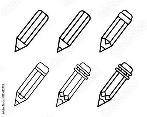 Six Simple Pencil Icons Line Art, Writing, Drawing, Stationery