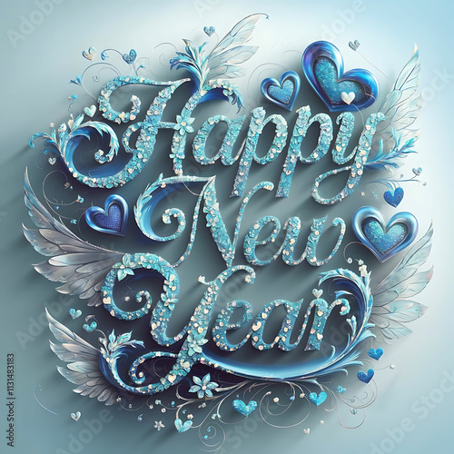 a picture of a happy new year on a blue background with a heart shaped decoration