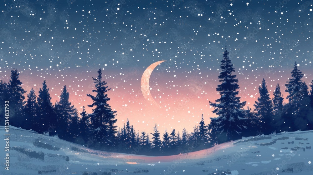 Fototapeta premium Snowy winter night scene with crescent moon and snow falling over pine forest.