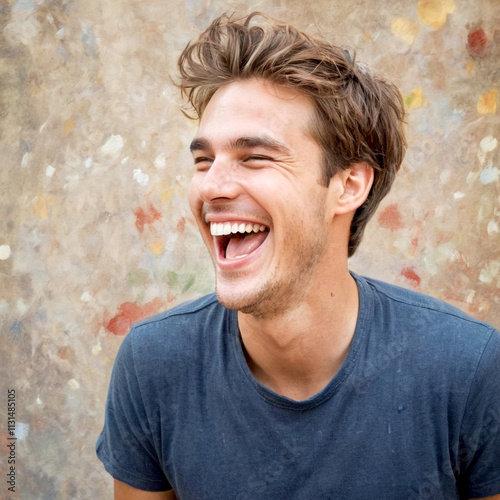 Joyful man laughing wholeheartedly against a colorful background photo