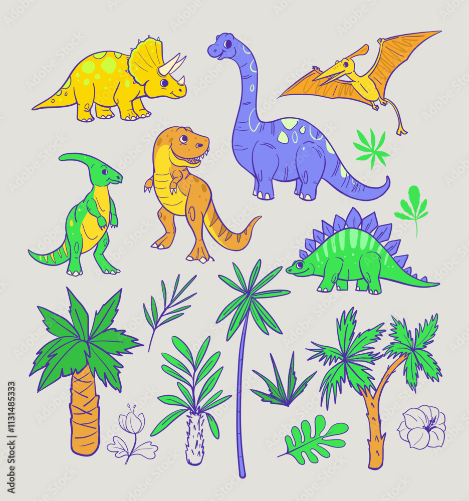 Naklejka premium Cartoon dinosaurs set, vector illustrations