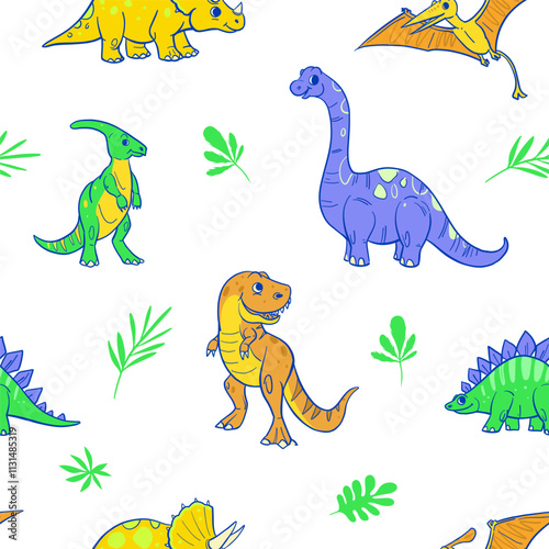 Cartoon dinosaurs set, vector illustrations, seamless pattern photo