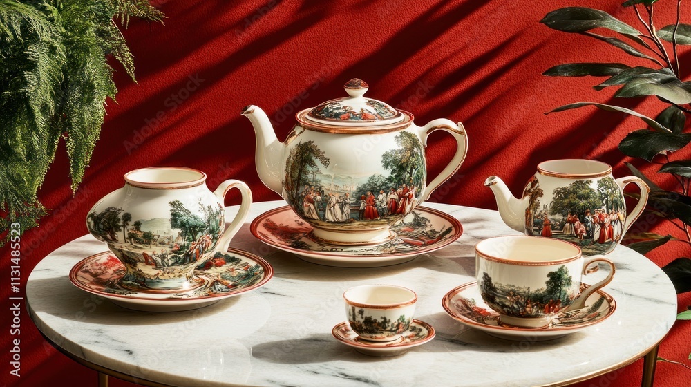 Fototapeta premium Elegant tea set with scenic design on a marble table.