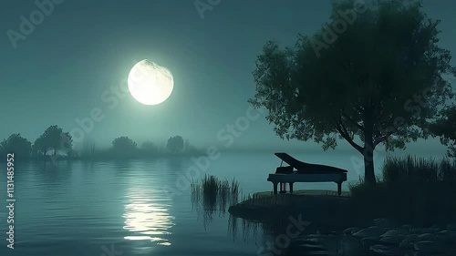 Serene moonlit piano by the tranquil waterside at night.