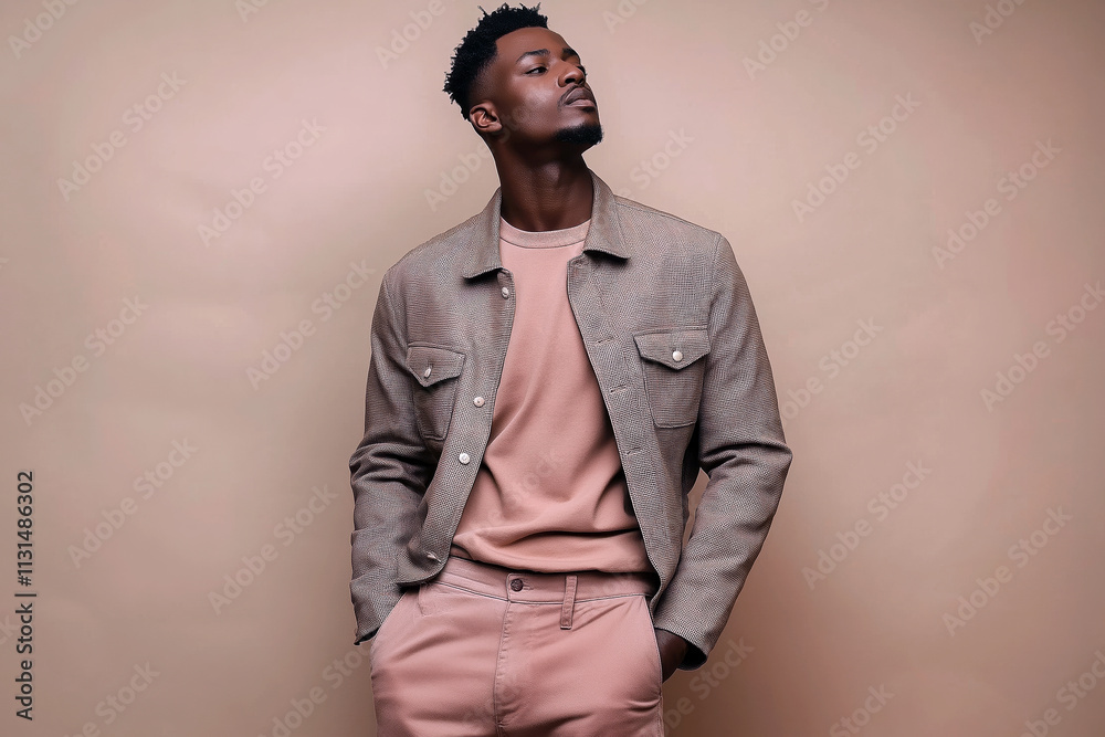 Fototapeta premium Stylish man in a pink mocha-colored casual jacket and pants posing against a neutral beige backdrop.