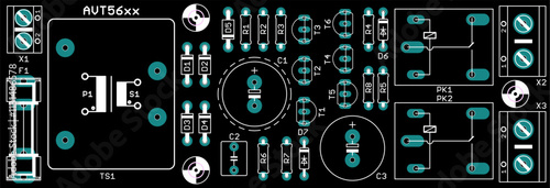 Placement of components of radio elements (contact
pads and seats) on printed circuit
board of electronic device.
Vector engineering drawing of pcb. Electric background. Computer technic cad design. 