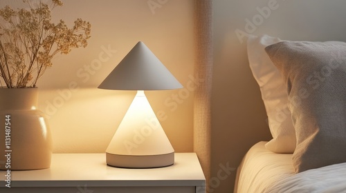 Modern lamp on nightstand in cozy bedroom with soft lighting and dried flowers. photo
