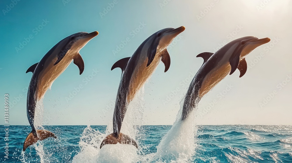 Fototapeta premium Three dolphins jumping out of water in a row.